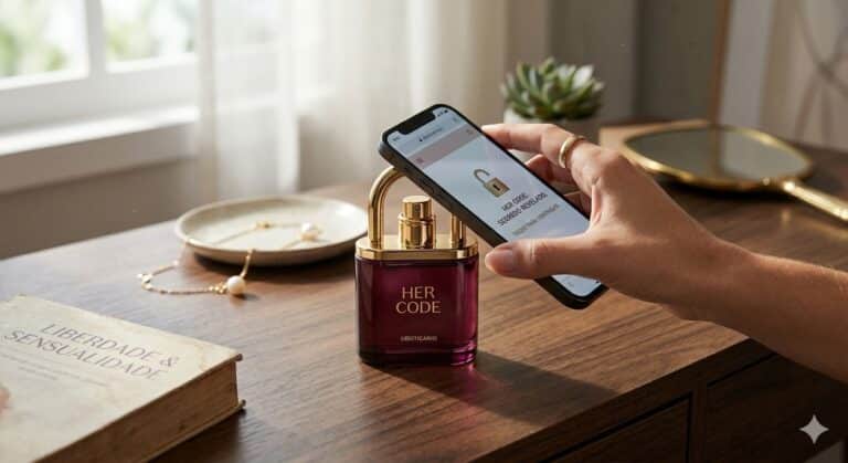 Um frasco de perfume 'HER CODE' com tampa dourada, ao lado de um smartphone que mostra informações na tela enquanto uma mão interage com ele, em uma mesa de madeira. Ao fundo, há um prato com acessórios e um espelho.