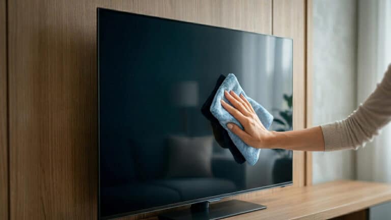 Pessoa limpando tv em casa com pano