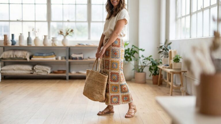 Mulher usando saia de croche com granny squares coloridos em tons harmonicos em ambiente contemporaneo iluminado naturalmente