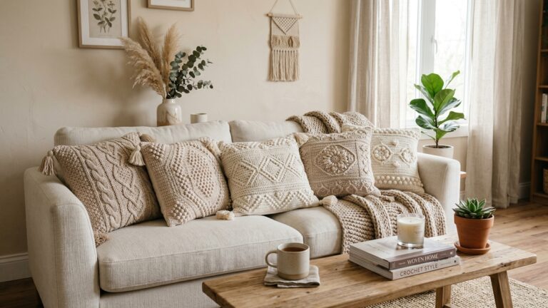 Sala de estar com sofa decorado com almofadas de croche artesanal em tons bege e off-white, estilo boho natural sofisticado