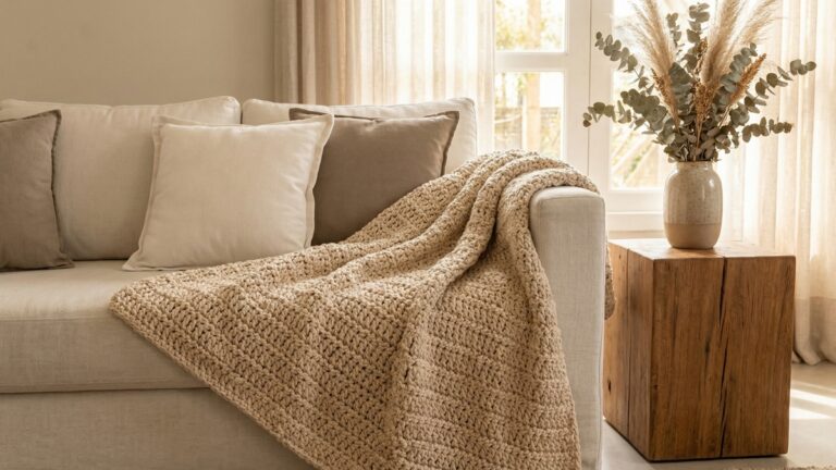 Sala de estar aconchegante com manta de croche bege sobre sofa de linho claro e decoracao natural