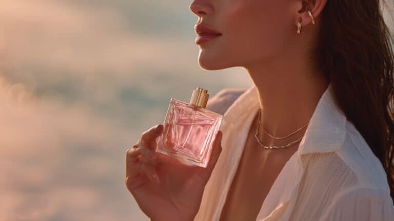 Mulher com perfume na mão