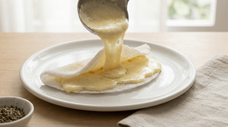 Despejando queijo quente para rechear tapioca no prato