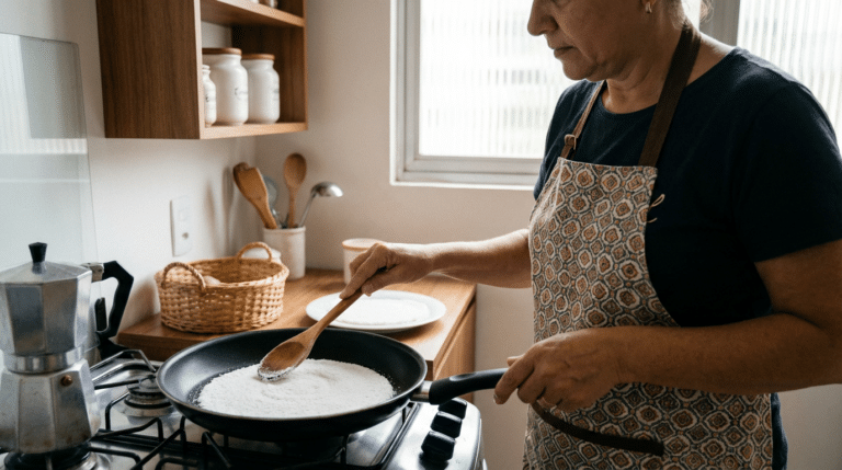 Mulher preparando tapioca na cozinha de sua casa