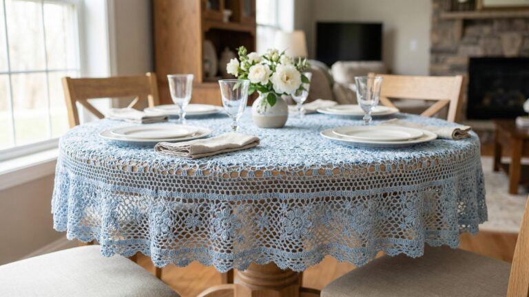 Sala de jantar elegante com toalha de mesa redonda de croche azul claro artesanal sobre mesa posta com pratos brancos e flores