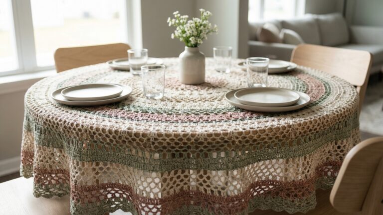 Sala de jantar com toalha de croche rendada cobrindo completamente mesa redonda de madeira com louca e flores