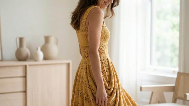 Mulher usando vestido de croche artesanal amarelo em ambiente sofisticado com luz natural e elementos minimalistas