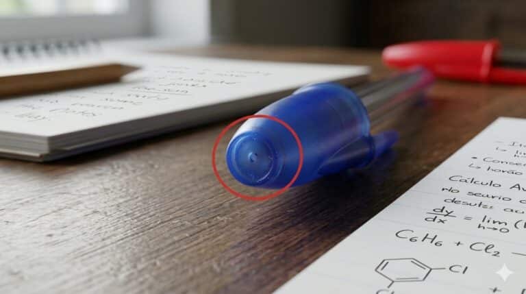 Tampa de caneta BIC azul em close mostrando o pequeno furo de ventilação destacado por um círculo vermelho sobre uma mesa de estudo.