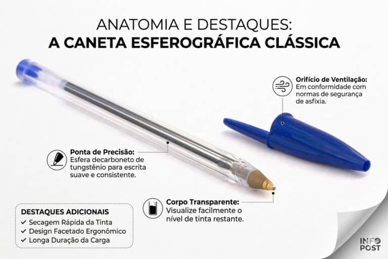 caneta esferográfica clássica destacando o furo de ventilação na tampa e suas partes principais.