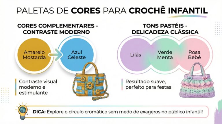 Infografico sobre paletas de cores para croche infantil mostrando combinacoes complementares e tons pasteis