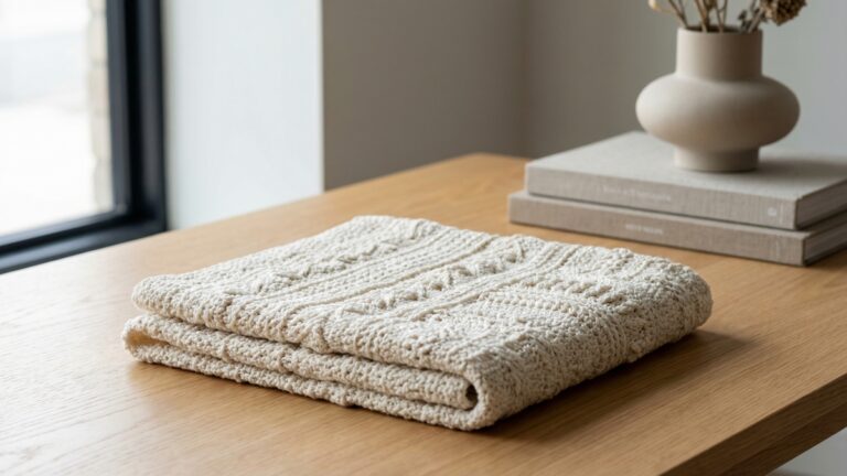 Amostra de tecido de croche off-white com diferentes pontos sobre mesa de madeira clara com livro de decoracao e vaso de ceramica ao fundo
