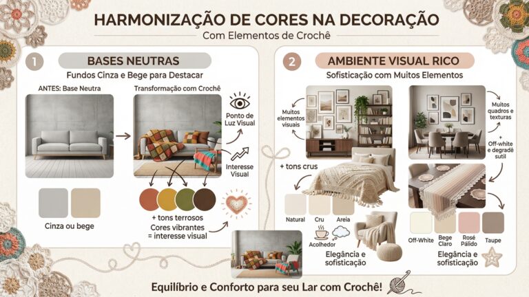 Infografico sobre harmonizacao de cores na decoracao com croche mostrando bases neutras e ambientes visuais ricos com tons terrosos e off white