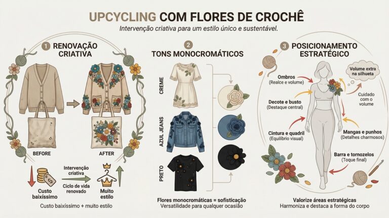 Infografico sobre upcycling de moda com flores de croche mostrando renovacao criativa tons monocromaticos e posicionamento estrategico
