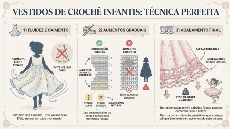 Infografico sobre tecnicas de construcao de vestidos de croche infantis com fluidez caimento aumentos graduais e acabamento final