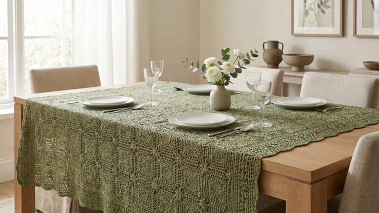 Sala de jantar sofisticada com toalha de mesa de croche verde cobrindo mesa de madeira clara com louca branca e tacas