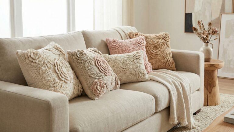 Sala elegante com almofadas decorativas com flores de croche em alto relevo em tons naturais sobre sofa neutro