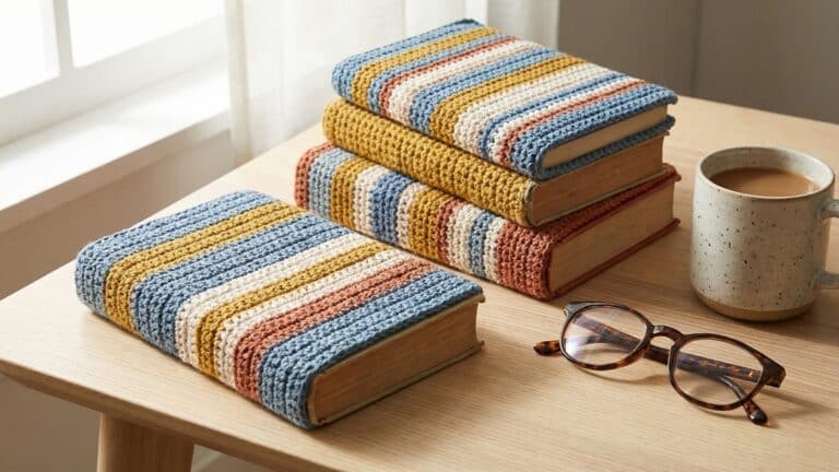 Livros com capas de croche artesanal em cores criativas sobre mesa de madeira clara, oculos e xicara, luz natural suave