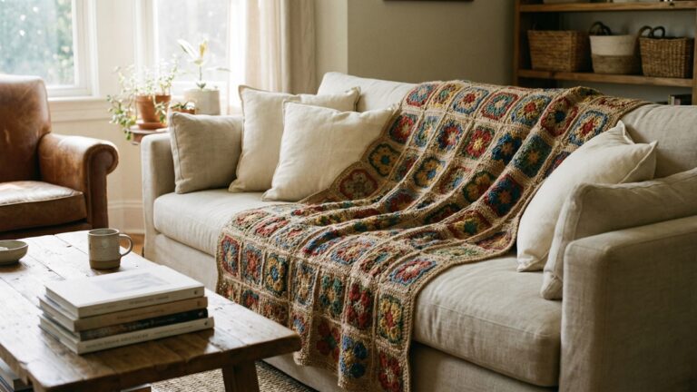 Sala de estar aconchegante com manta de croche com flores africanas coloridas sobre sofa neutro, almofadas claras e luz natural suave
