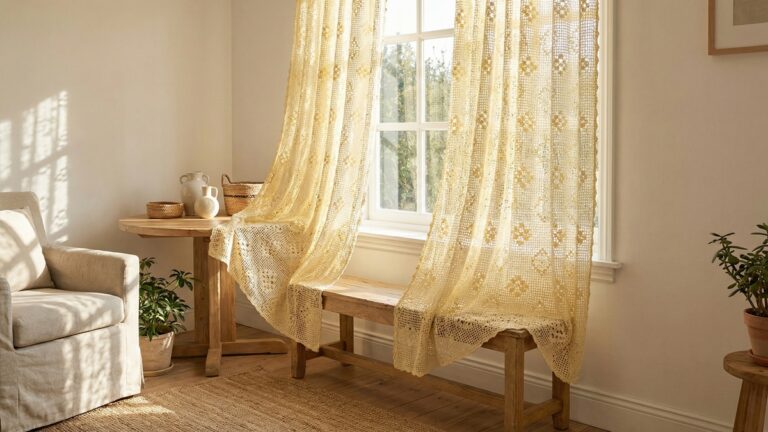 Sala iluminada com cortinas de croche artesanal em amarelo claro, luz natural suave criando sombras decorativas, moveis de madeira clara