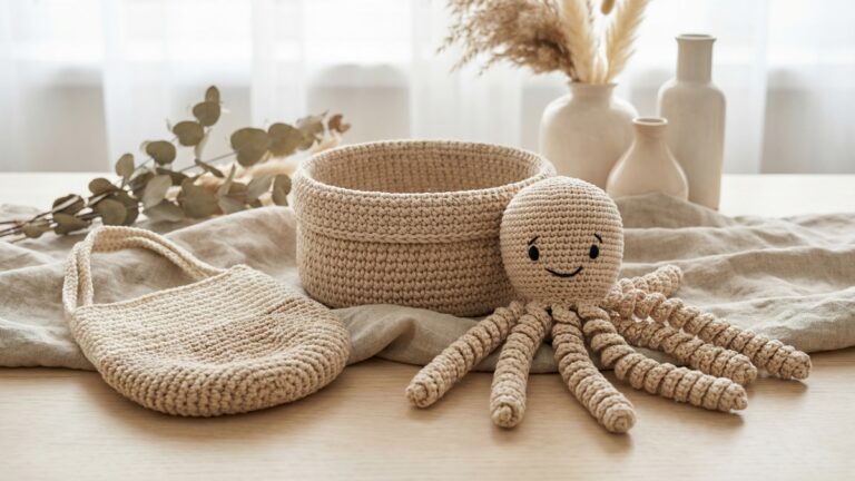 Cesto, bolsa e amigurumi de croche em tecnica espiral com tons bege e naturais sobre mesa de madeira com decoracao artesanal