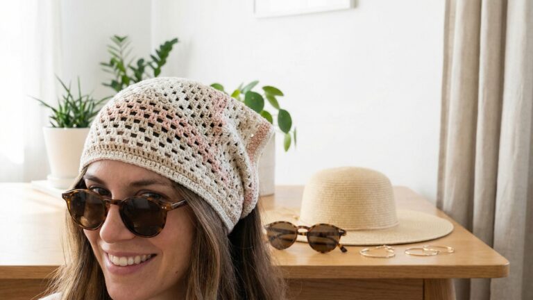 Quarto iluminado com mulher usando bandana de crochê artesanal em tons suaves ao lado de óculos de sol e chapéu de palha