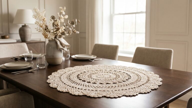 Sala de jantar elegante com centro de mesa de croche artesanal em bege claro sobre mesa de madeira com vaso de flores
