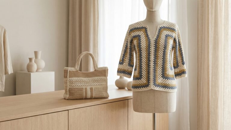 Estudio de moda artesanal com bolsa e blusa de croche estruturadas em tons elegantes expostas em manequim e bancada de madeira clara