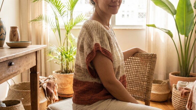 Sala elegante com decoracao brasileira e mulher usando blusa de croche artesanal em tons sofisticados