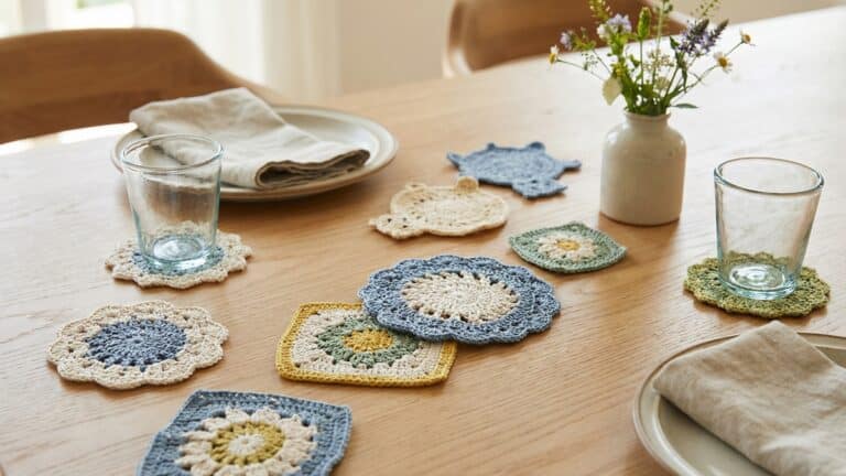 Mesa posta com porta-copos de croche artesanais em cores e estilos variados, copos de vidro e arranjo floral