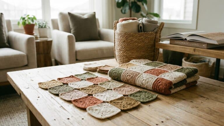 Squares de croche artesanais em tons diferentes organizados sobre mesa de madeira clara com manta, cesta de fibras e livro em ambiente aconchegante