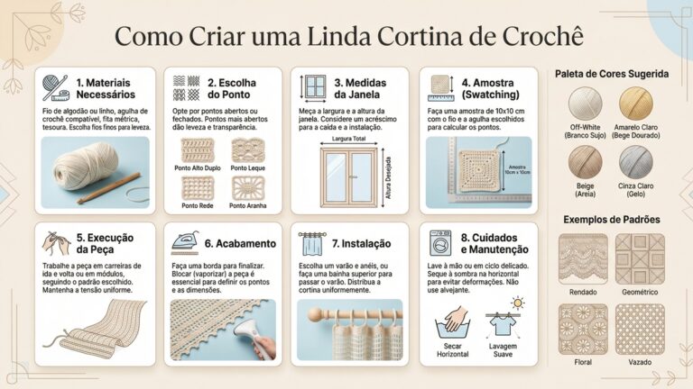 Infografico detalhado em portugues sobre como criar cortina de croche com passo a passo completo, ideias de cores e padroes de design