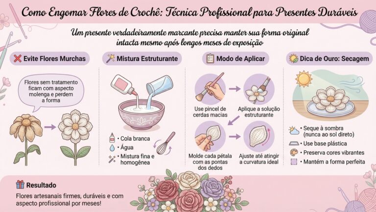 Infografico em portugues sobre tecnica de engomar flores de croche com passo a passo detalhado e dicas de secagem