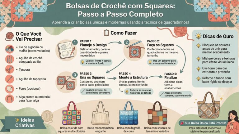 Infografico em portugues sobre como criar bolsas de croche com squares, passo a passo completo com materiais, tecnicas e dicas profissionais