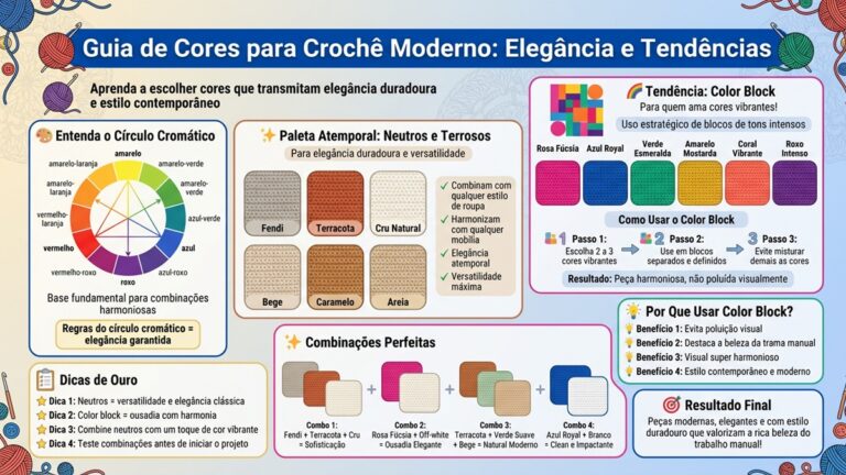 Infografico em portugues sobre guia de cores para croche moderno com circulo cromatico, tons neutros, terrosos e tendencia color block
