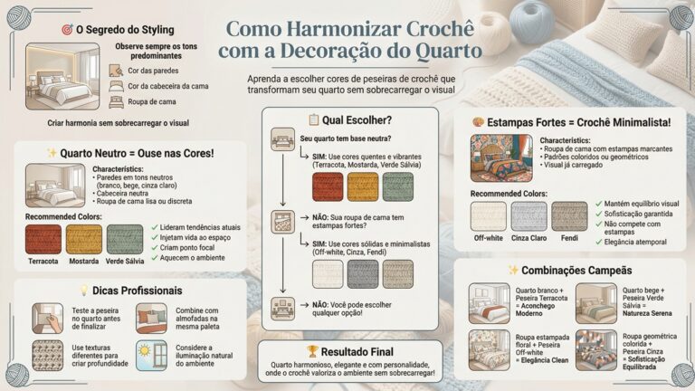 Infografico em portugues sobre como harmonizar cores de croche com decoracao do quarto, incluindo guia para quartos neutros e com estampas