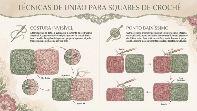 Infografico detalhado sobre tecnicas de uniao para squares de croche com costura invisivel e ponto baixissimo