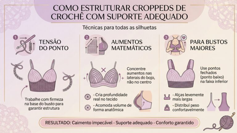 Infografico educativo sobre como estruturar croppeds de croche com suporte adequado, mostrando tecnicas de tensao, aumentos e pontos para diferentes silhuetas