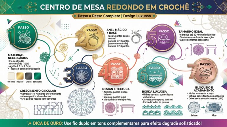 Infografico completo em 7 passos de como criar centro de mesa redondo em croche com design luxuoso e moderno