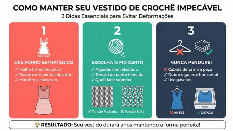 Infografico organizado com 3 dicas essenciais para manter vestido de croche impecavel: forro, fio correto e armazenamento