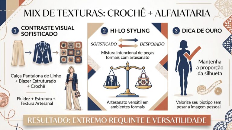 Infografico sobre mix de texturas combinando croche com alfaiataria e tecnica hi-lo styling