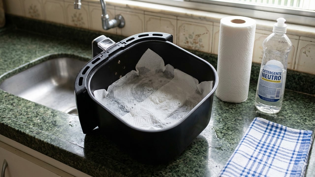 A limpeza impecável da AirFryer é feita com papel toalha e não chega a levar 15 minutos, com apenas 2 ingredientes e um passo a passo