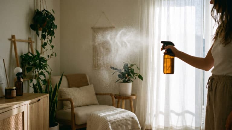 Mulher borrifando mistura aromatizadora