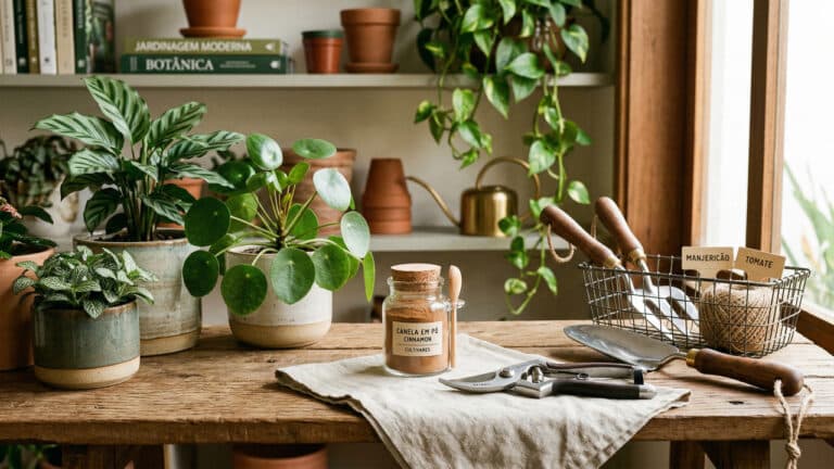 Bancada com plantas e canela em pó