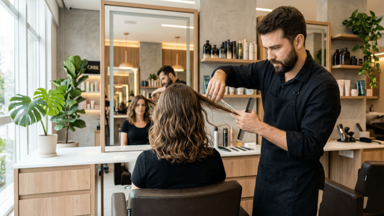 Cabeleireiro profissional cortando cabelo seco de mulher em salão. Imagem gerada por inteligência artificial
