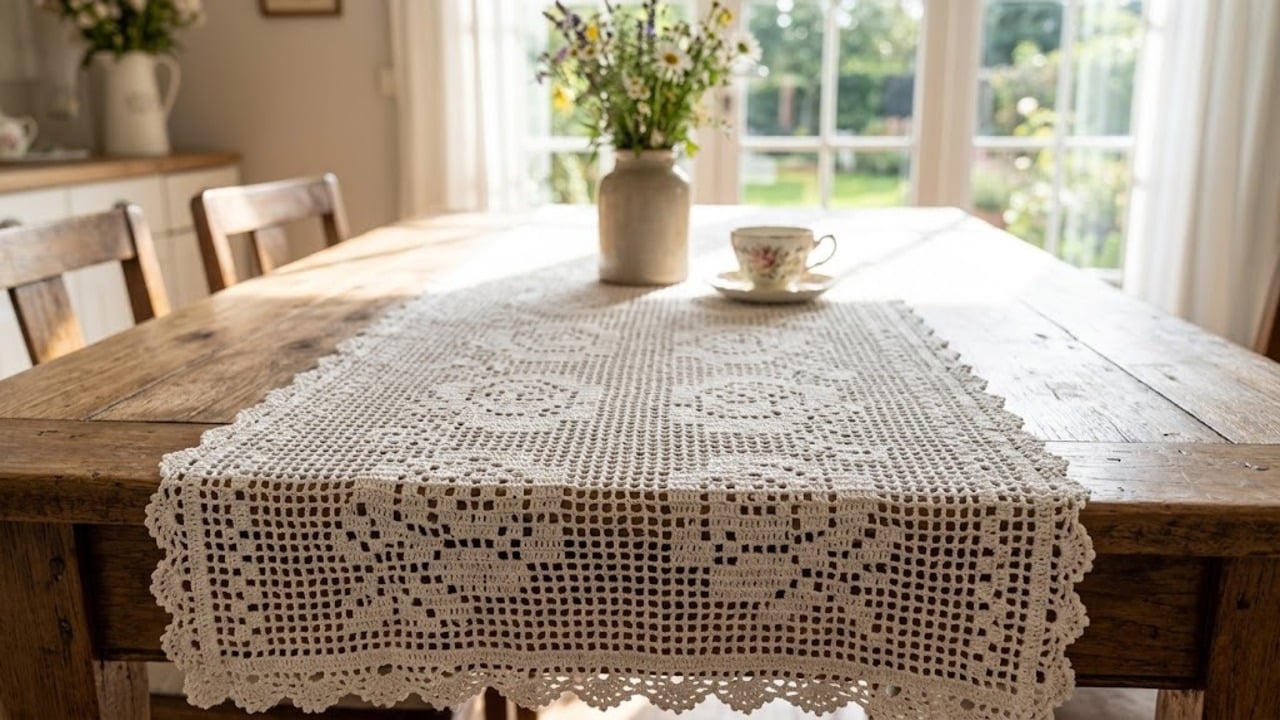 Gráficos e inspirações de caminho de mesa em crochê filé para sua casa em 2026