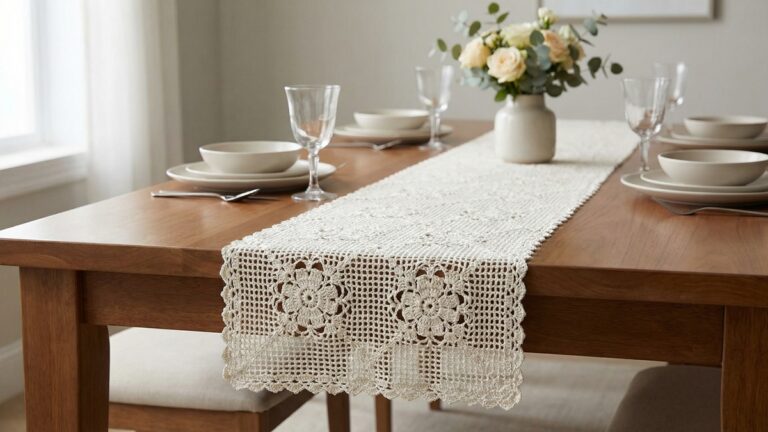Mesa de jantar elegante com caminho de mesa de croche artesanal em off-white, louças de porcelana e flores claras