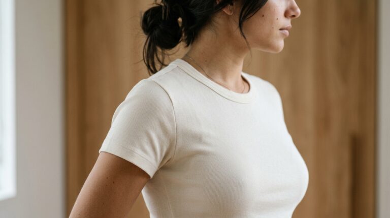 Mulher com camiseta ajustada ao corpo