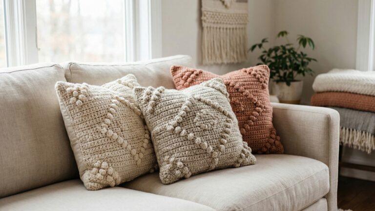 Capas de almofada de croche boho com pontos texturizados em relevo, dispostas sobre sofa em ambiente aconchegante com luz natural