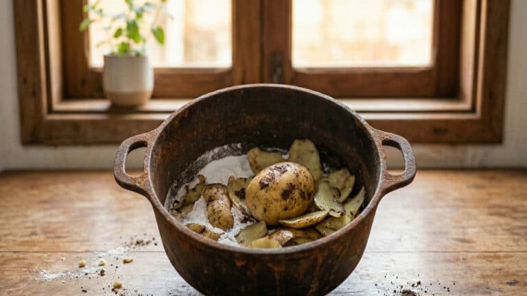 Cascas de batata com bicarbonato de sódio auxiliando na limpeza de panela extremamente suja