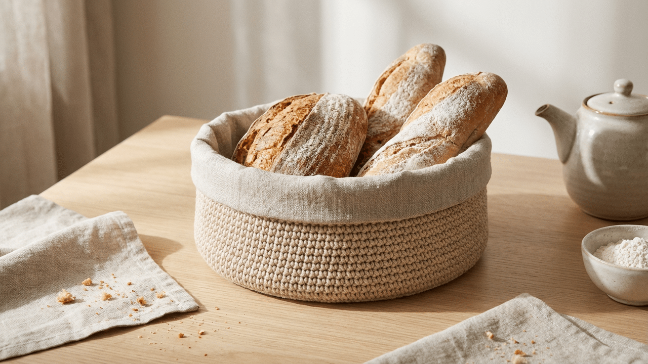 Cesto de Pães com Forro de Linho: Unindo o crochê à costura para servir à mesa